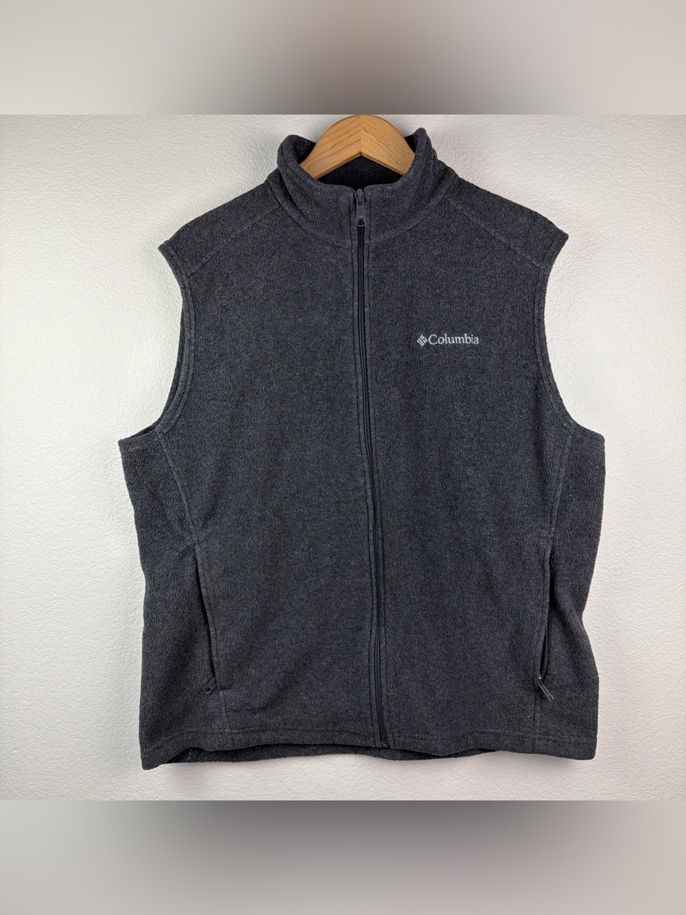 Columbia Full Zip Fleece Vest Logo Pockets Outdoor Gray Men’s Large